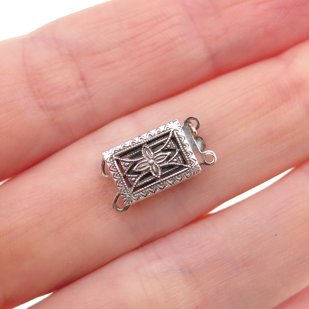 925 Sterling Silver Antique Art Deco Bracelet / Necklace Floral Box Lock Clasp
