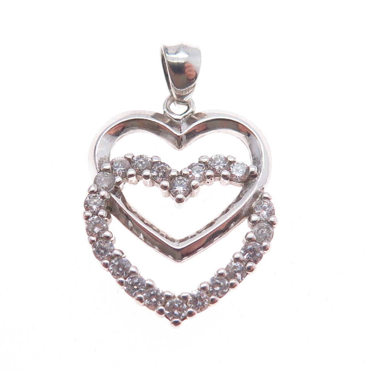 925 Sterling Silver Round-Cut C Z Double Heart Charm Pendant