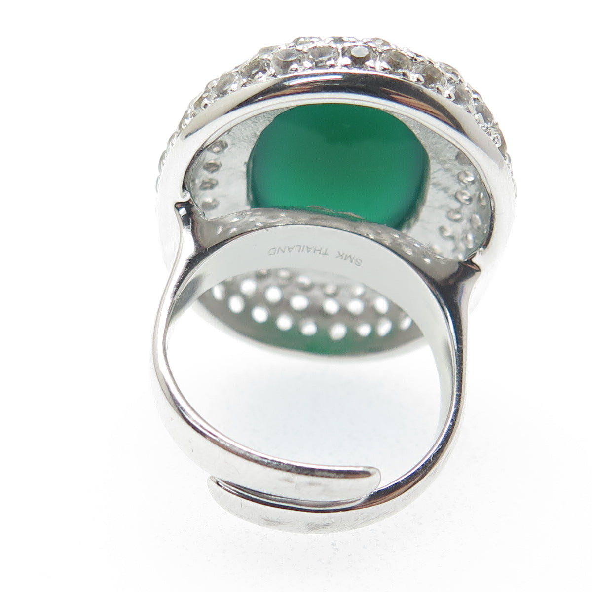 925 Sterling Silver Real Green Onyx & White Topaz Gem Adjustable Ring Size 7.25