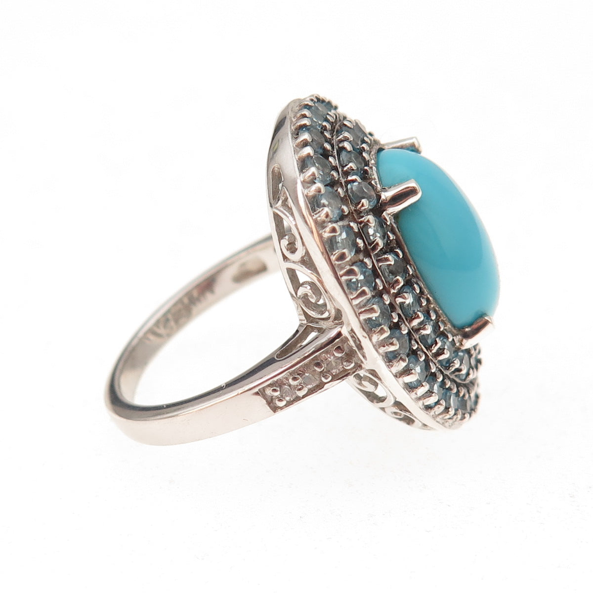 925 Sterling Silver Real Sleeping Beauty Turquoise & Blue Topaz Ring Size 8.25