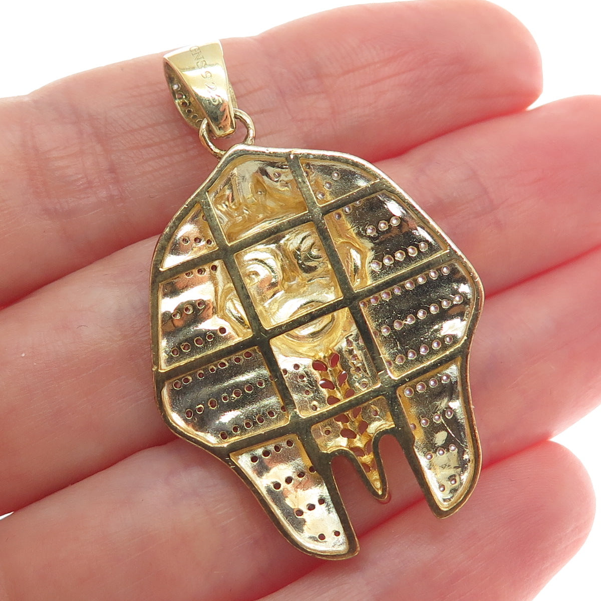 925 Sterling Silver Gold Plated Round-Cut Shaped C Z Egyptian Pharaoh Pendant