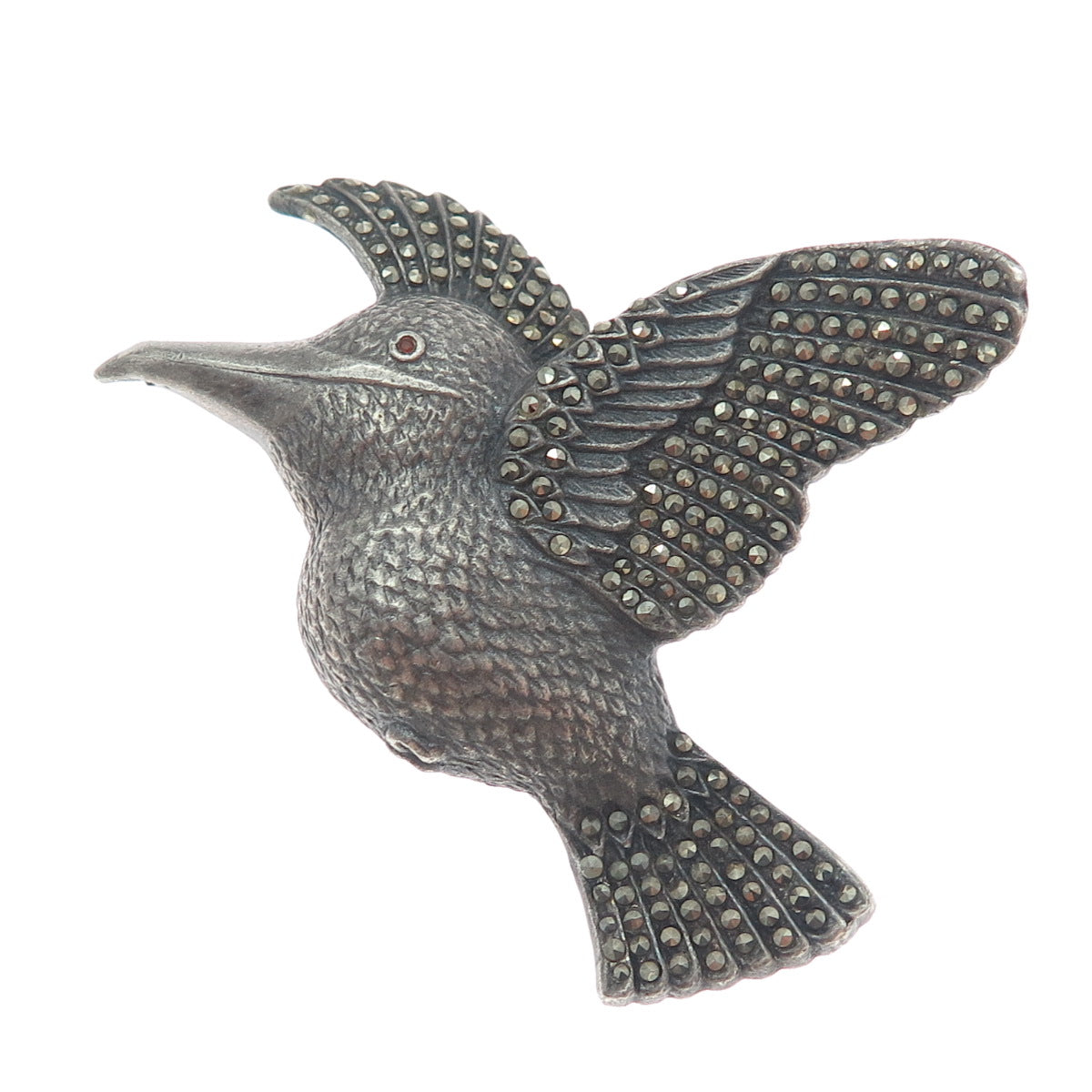 925 Sterling Silver Vintage Amethyst Gem Rhinestone Hummingbird Oxidized Brooch