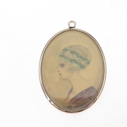 925 Sterling Silver Antique Art Deco Dutch Female Portrait Hand-Painted Pendant