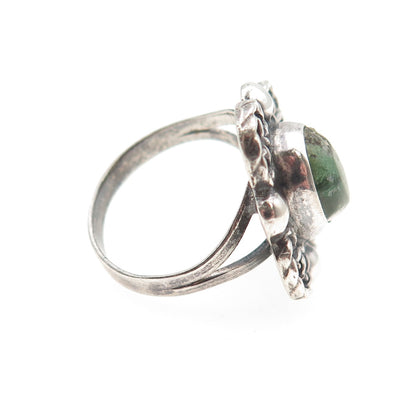 925 Sterling Silver Vintage Mexico Real Turquoise Flower Oxidized Ring Size 6.25