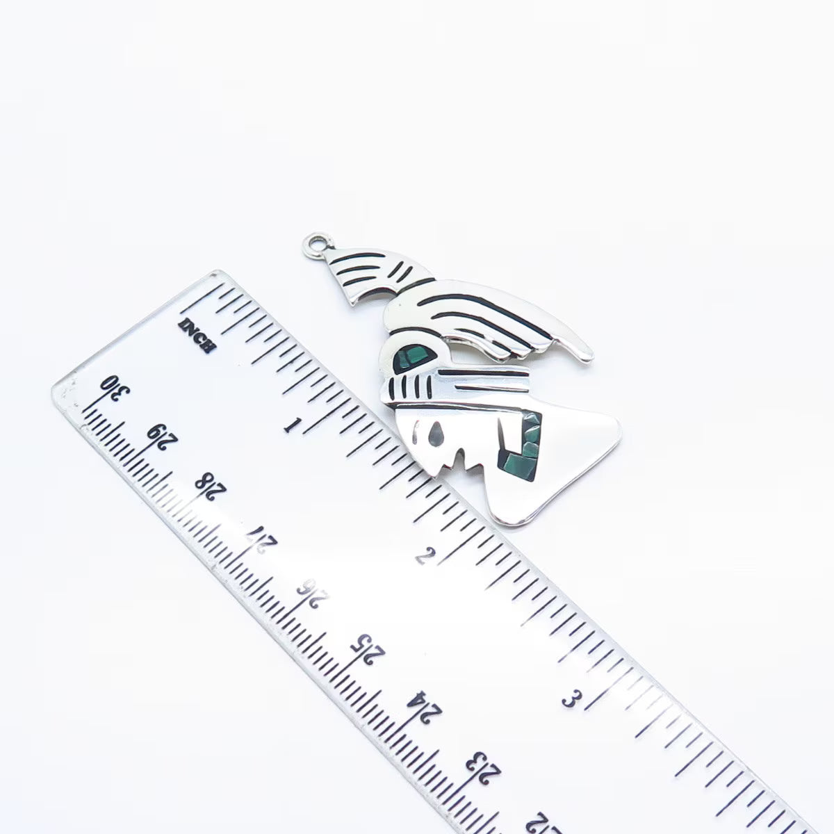 925 Sterling Silver Vintage Mexico Real Malachite Gem Inlay Tribal Pendant