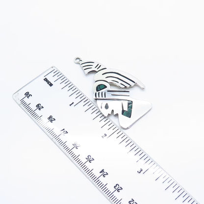 925 Sterling Silver Vintage Mexico Real Malachite Gem Inlay Tribal Pendant