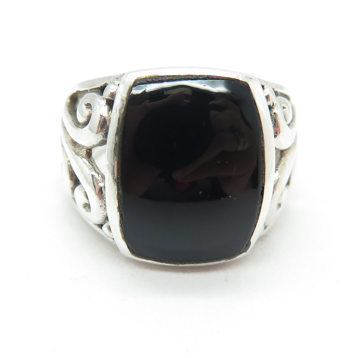 925 Sterling Silver Vintage Real Black Onyx Swirl Ring Size 6.75