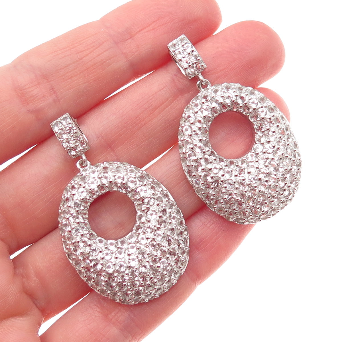 925 Sterling Silver Real Round-Cut White Topaz Crescent Dangle Earrings