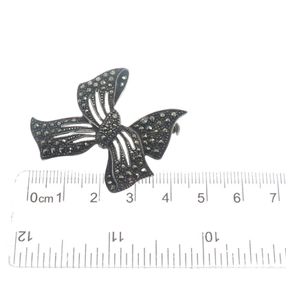 935 Silver Antique RES Germany Marcasite Bow Oxidized Brooch (missing 1 stone)