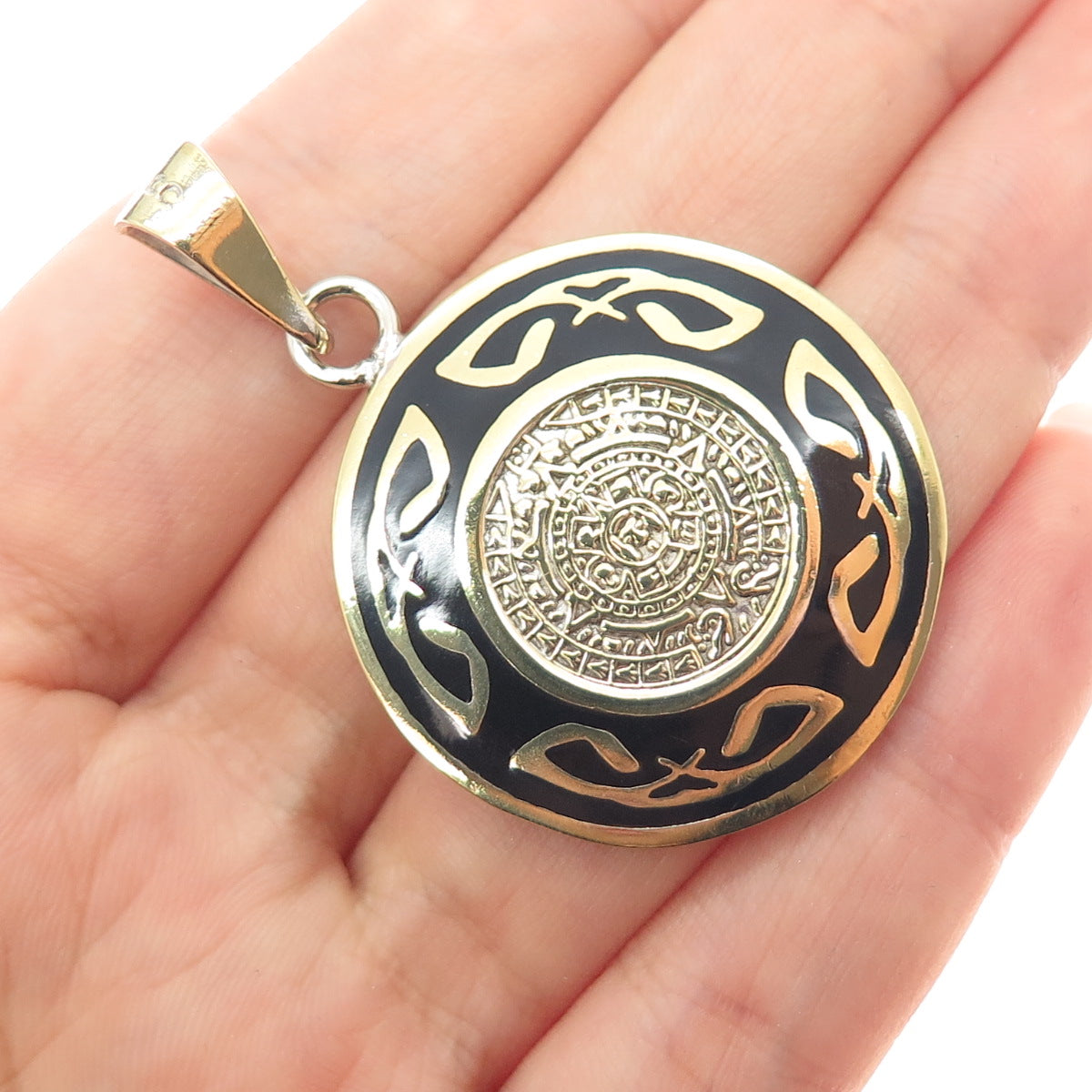 925 Sterling Silver Gold Plated Vintage Enamel Mayan Calendar Charm Pendant