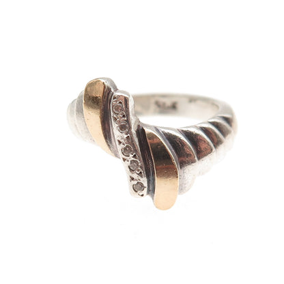 925 Sterling Silver 14K Gold Vintage Round-Cut C Z Modernist Ring Size 6
