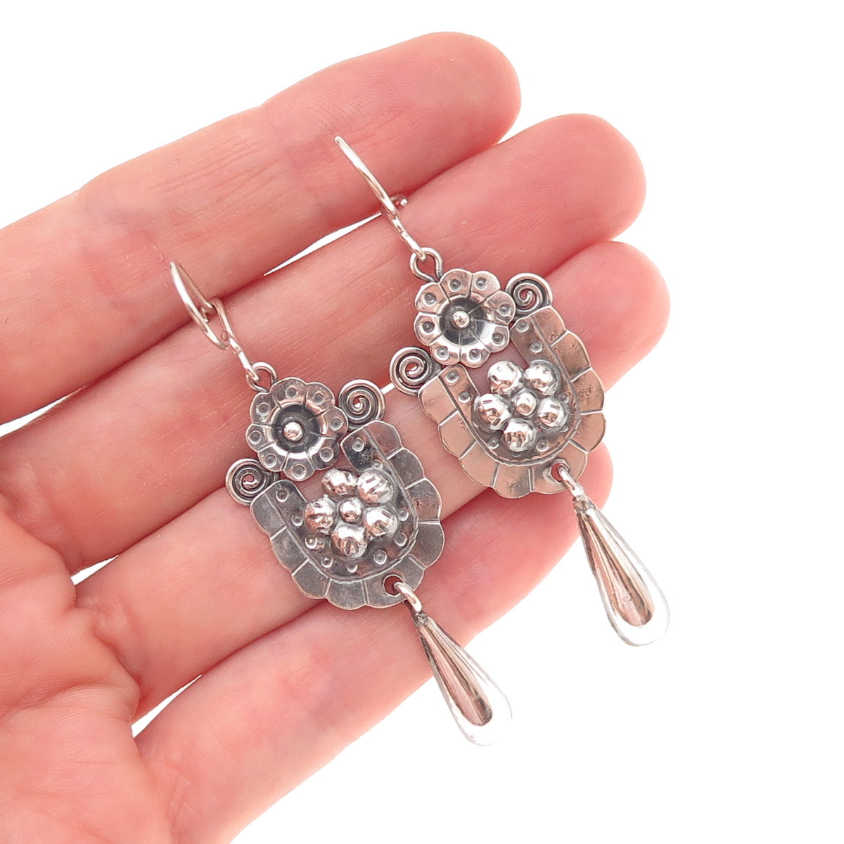 925 Sterling Silver Vintage Floral Oxidized Dangle Earrings
