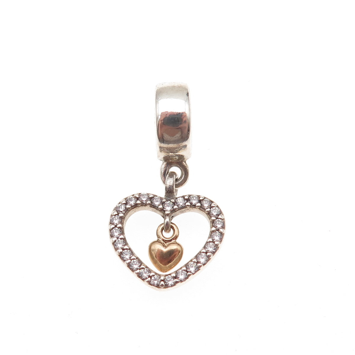 Pandora 925 Sterling Silver Gold Accent C Z Forever in My Heart Dangle Charm