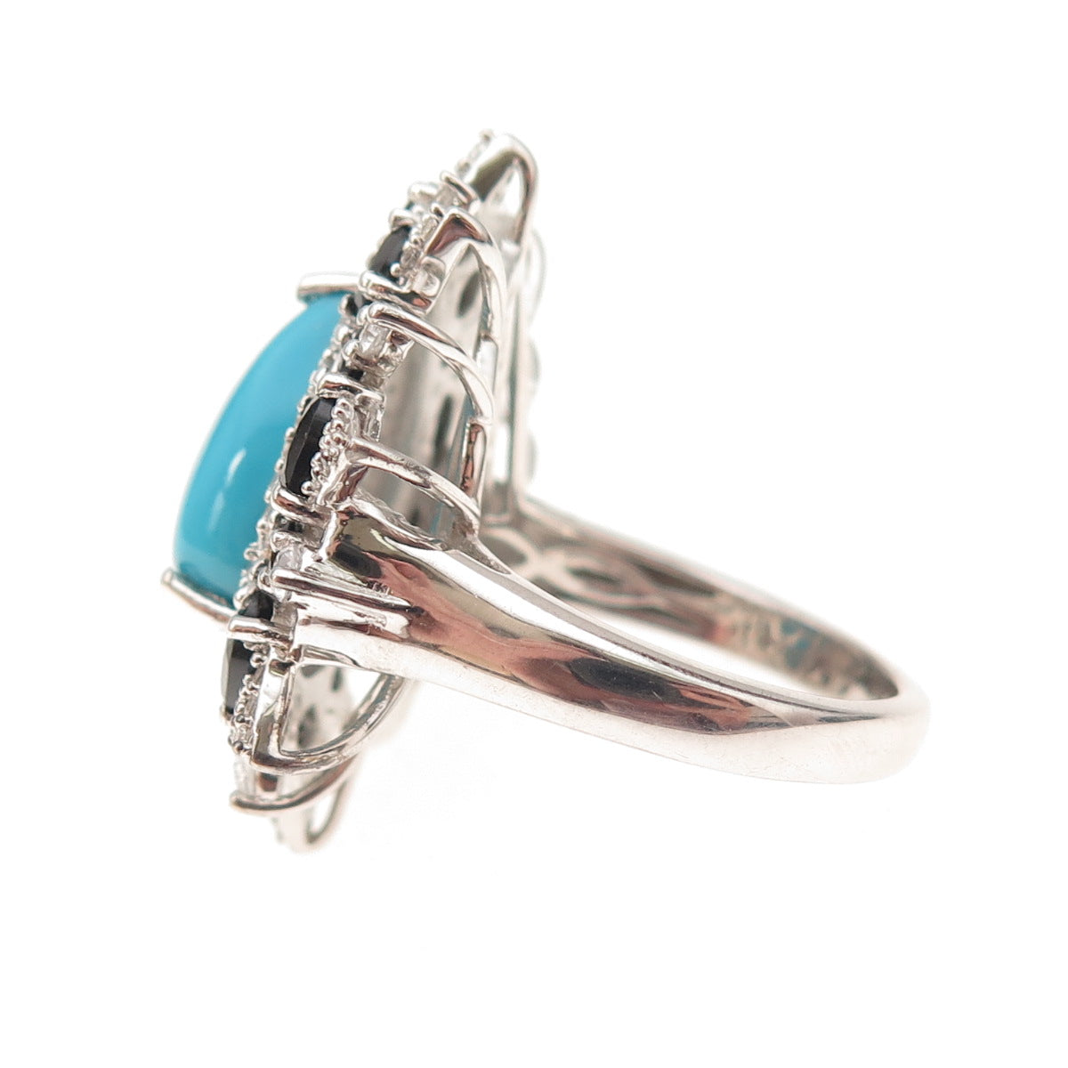 925 Sterling Silver Real Turquoise Black Spinel & White Topaz Floral Ring Size 8