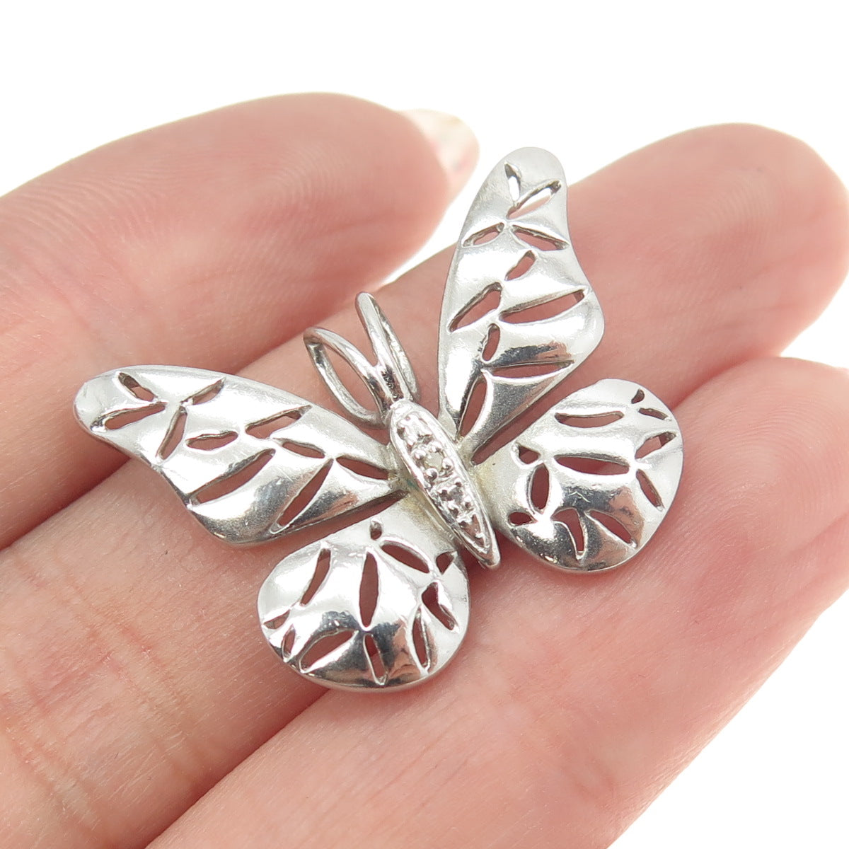 ROSS SIMONS 925 Sterling Silver Real White Diamond Accent Butterfly Pendant