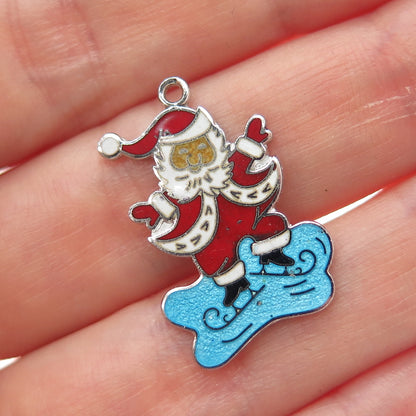 WELLS 925 Sterling Silver Antique Enamel Santa Claus Ice Skating Charm Pendant