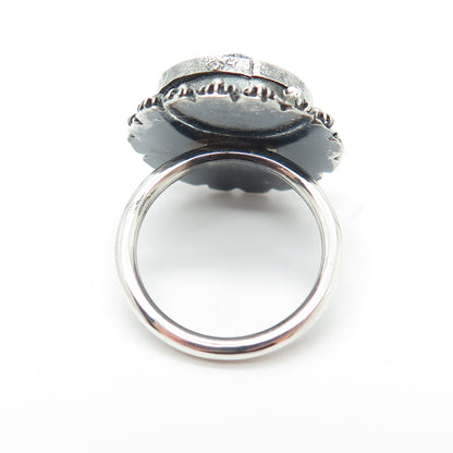 925 Sterling Silver Vintage Faux Turquoise Cannetille Oxidized Ring Size 5