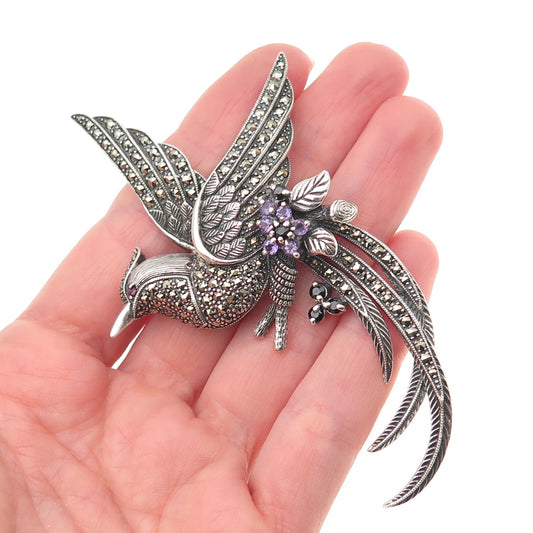 925 Sterling Vintage Real Ruby Spinel Amethyst Marcasite Bird of Paradise Brooch