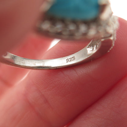 D'Joy 925 Sterling Real Sleeping Beauty Turquoise White Topaz Floral Ring Size 8