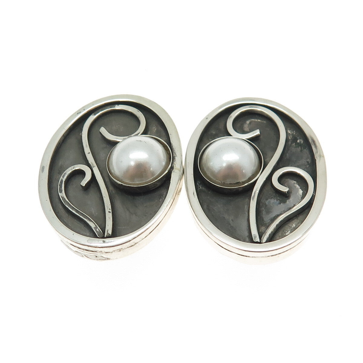 CELIA SEBIRI Sterling Silver Vintage Pearl Modernist Oxidized Clip On Earrings