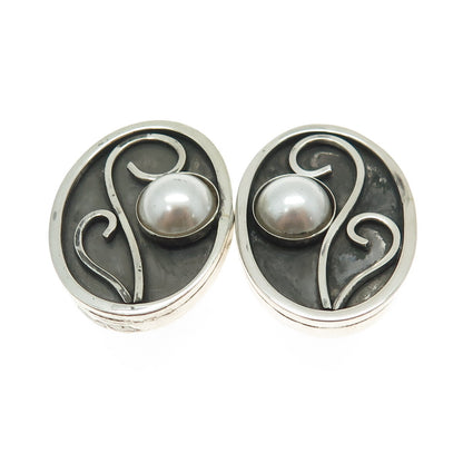 CELIA SEBIRI Sterling Silver Vintage Pearl Modernist Oxidized Clip On Earrings