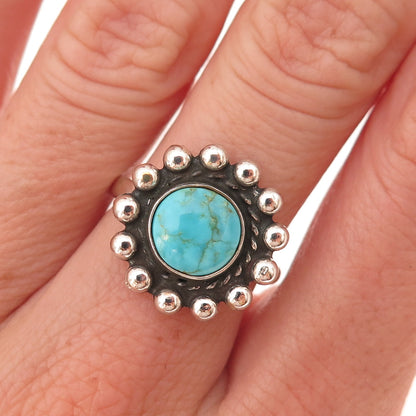 Old Pawn Sterling Silver Vintage Southwestern Turquoise Sun Beaded Ring Size 7