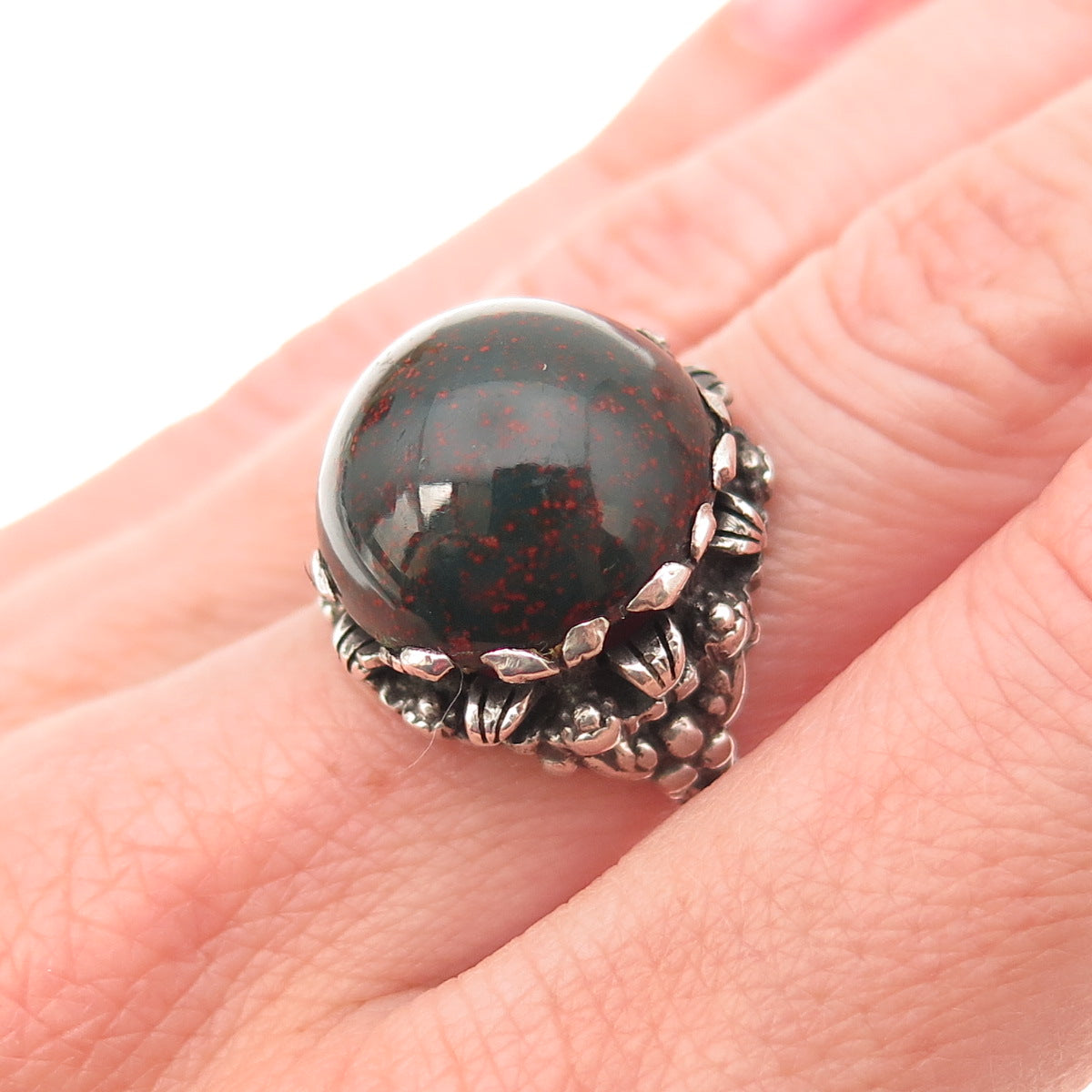 925 Sterling Silver Antique Victorian Real Bloodstone Oxidized Ring Size 5.25