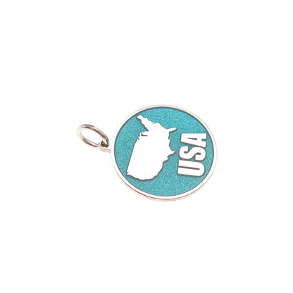 925 Sterling Silver Turquoise Enamel USA Map Round Tag Mini Charm Pendant