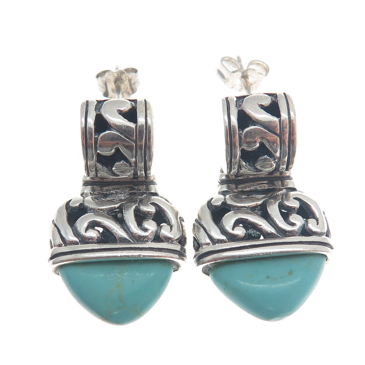 925 Sterling Silver Vintage Real Kingman Turquoise Gem Boho-Style Drop Earrings