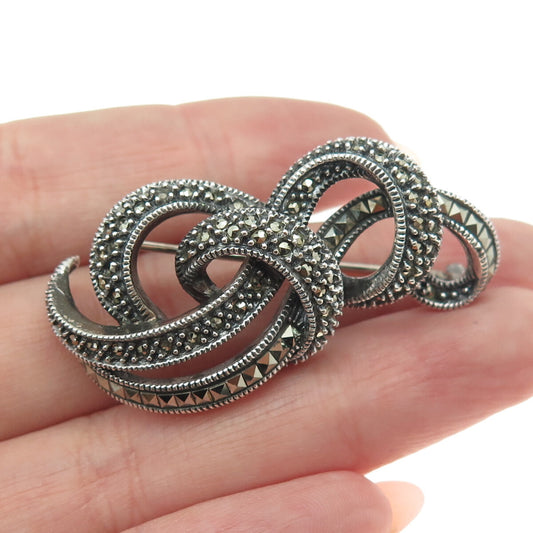 JUDITH JACK 925 Sterling Silver Vintage Marcasite Gem Ribbon Modernist Brooch