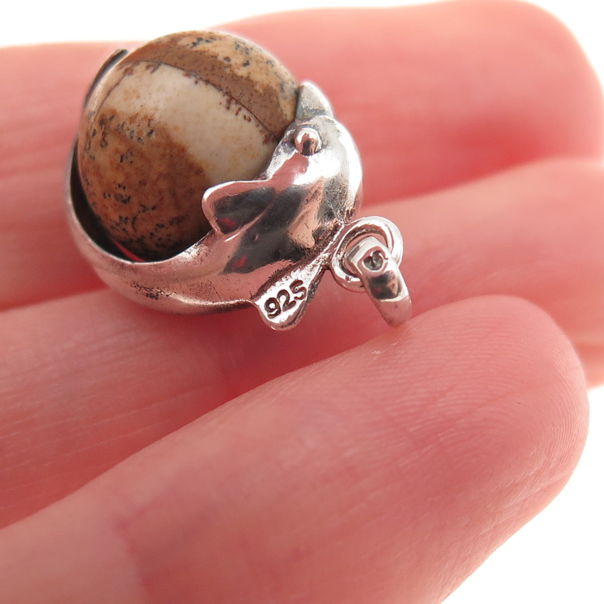 925 Sterling Silver Vintage Real Jasper Dolphin Mini Charm Pendant