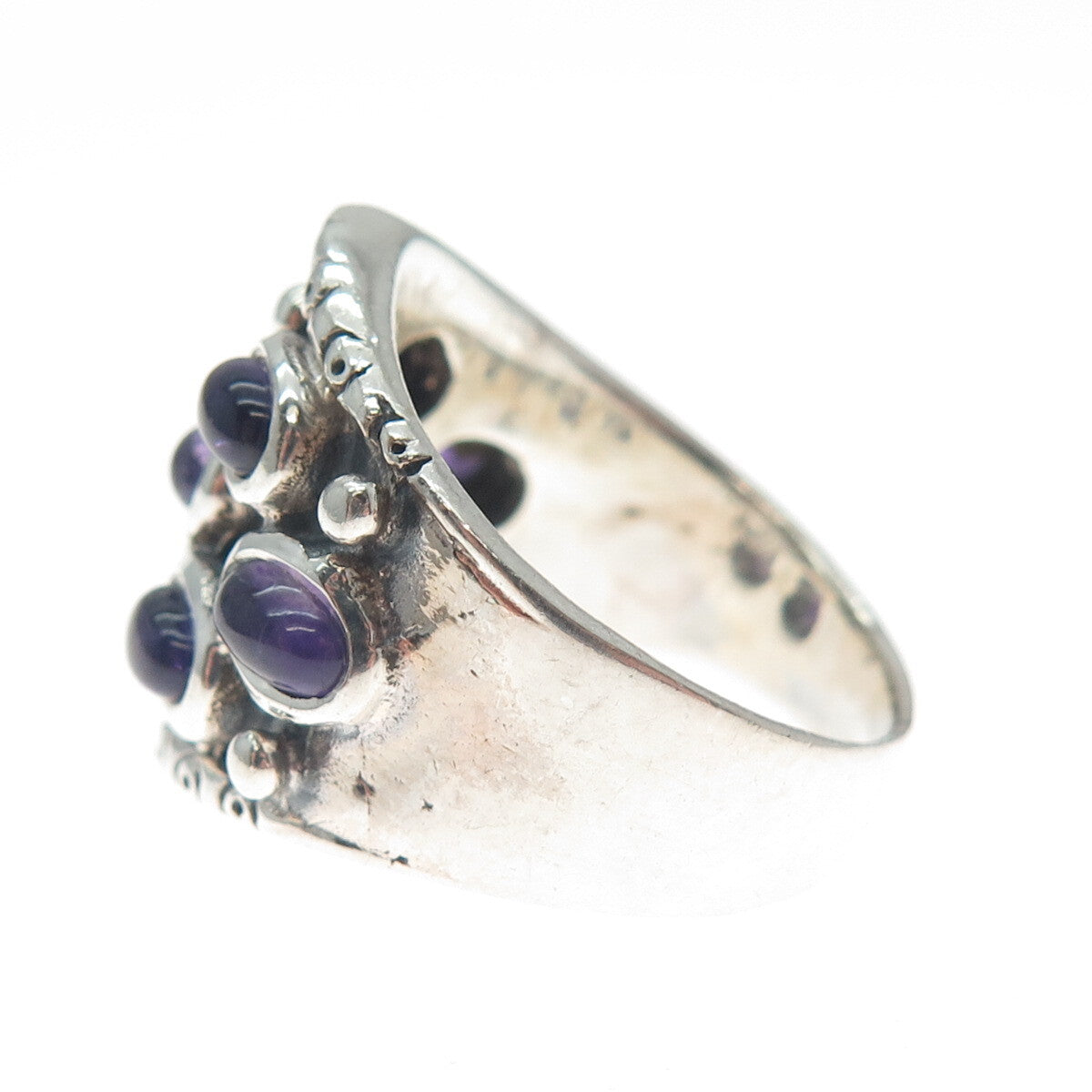 925 Sterling Silver Vintage Real Amethyst Modernist Oxidized Ring Size 8