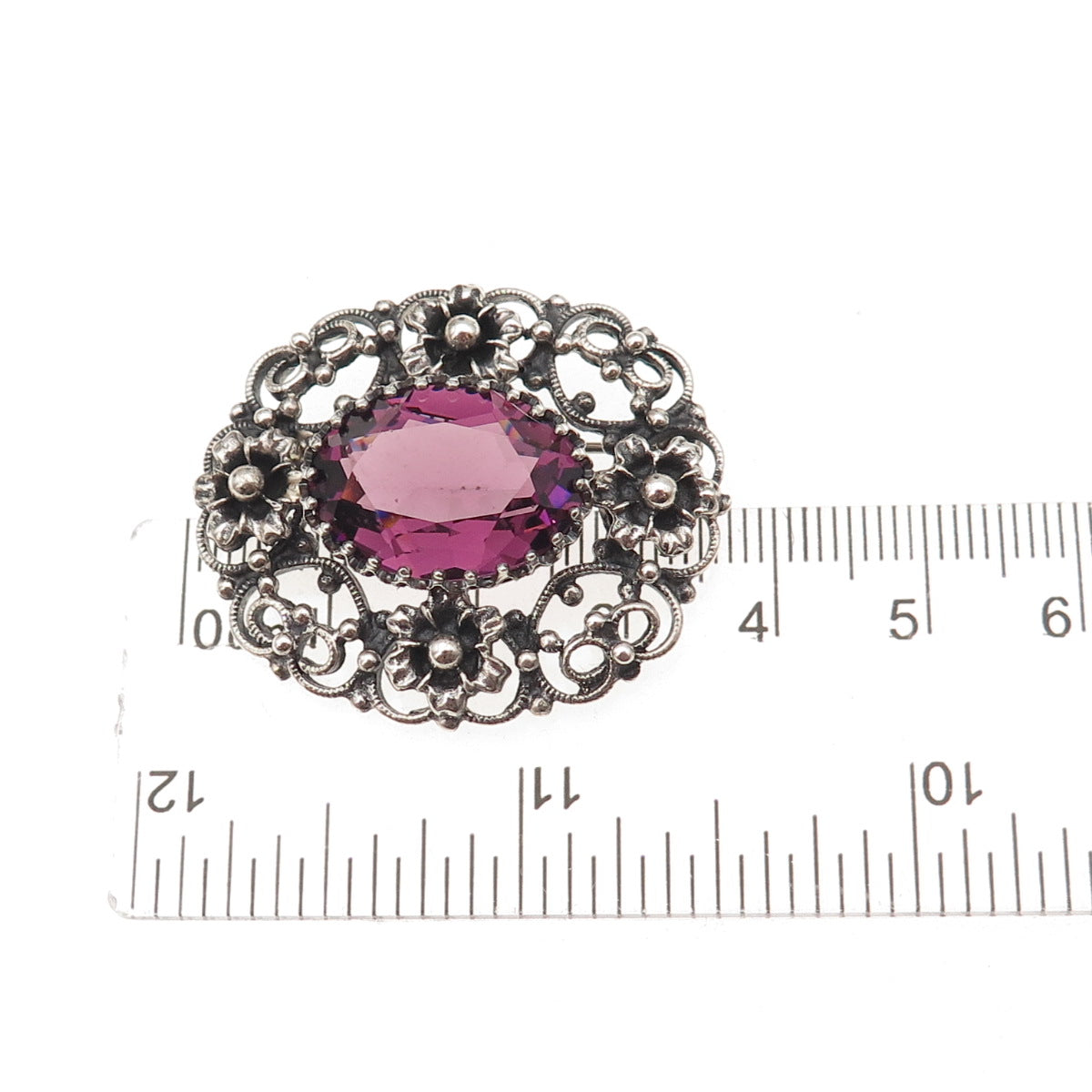 Danecraft Sterling Silver Antique Art Deco Real Amethyst Floral Heart Pin Brooch