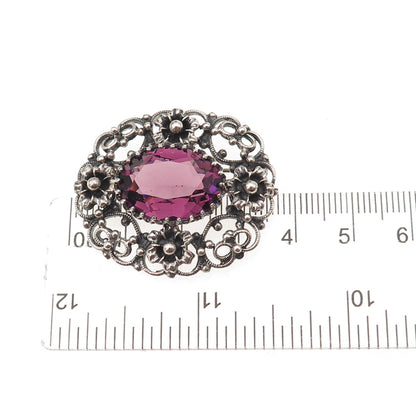 Danecraft Sterling Silver Antique Art Deco Real Amethyst Floral Heart Pin Brooch