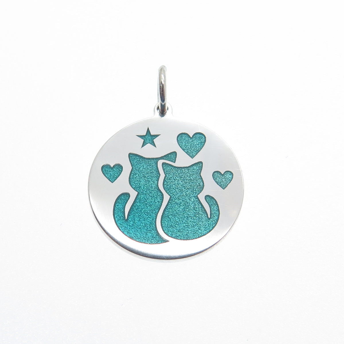 925 Sterling Silver Enamel Couple of Cats Love Round Minimalist Charm Pendant
