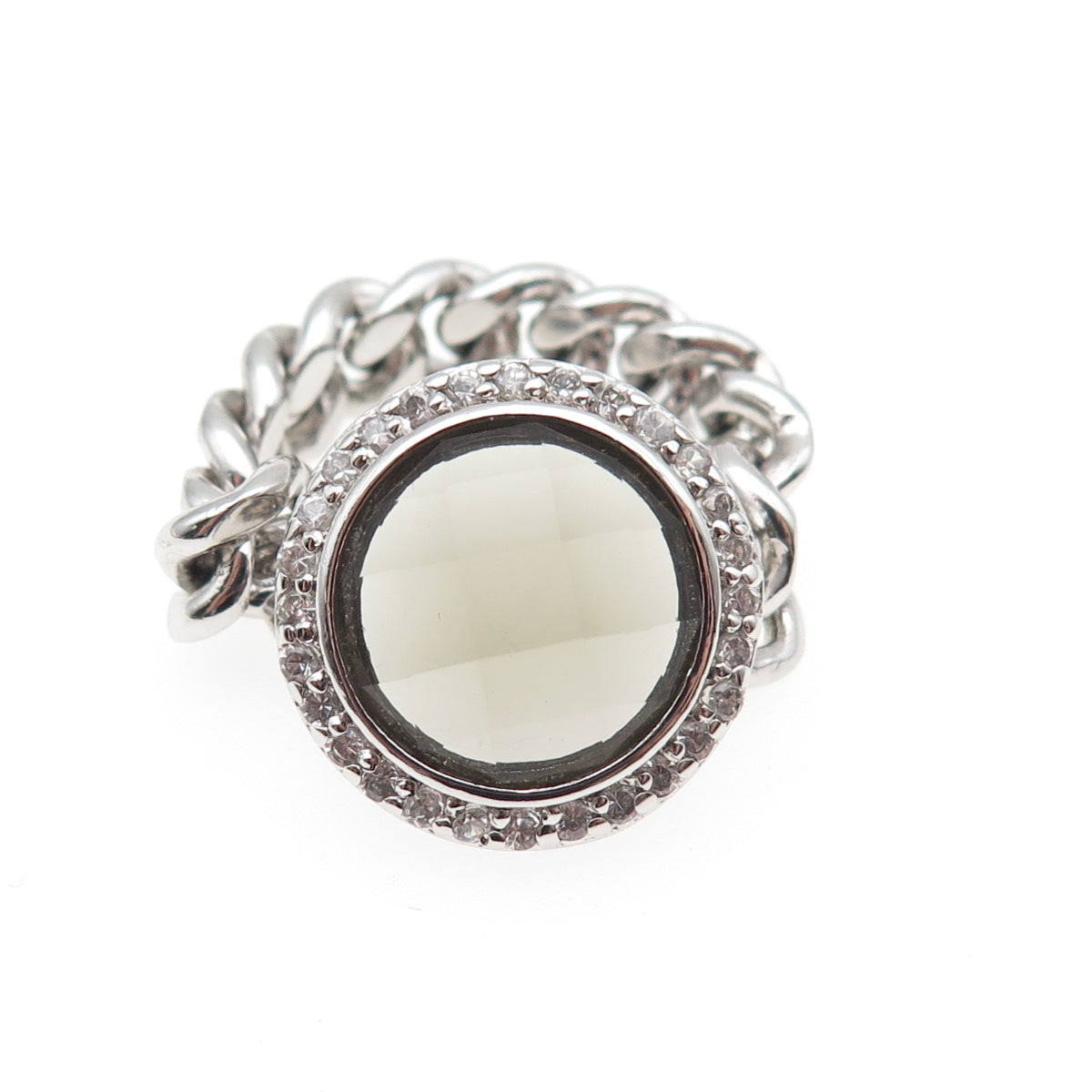 925 Sterling Silver Round-Cut Smoky & White C Z Cuban Chain Ring Size 7