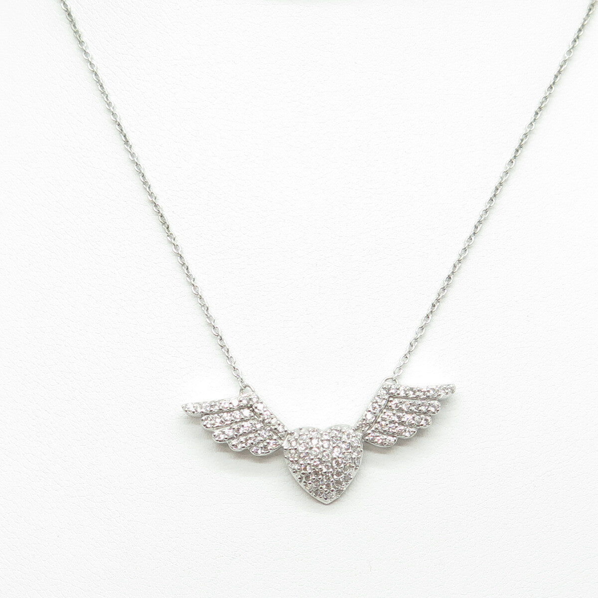 925 Sterling Silver Pave C Z Heart w/Wings Cable Chain Necklace 18-20"