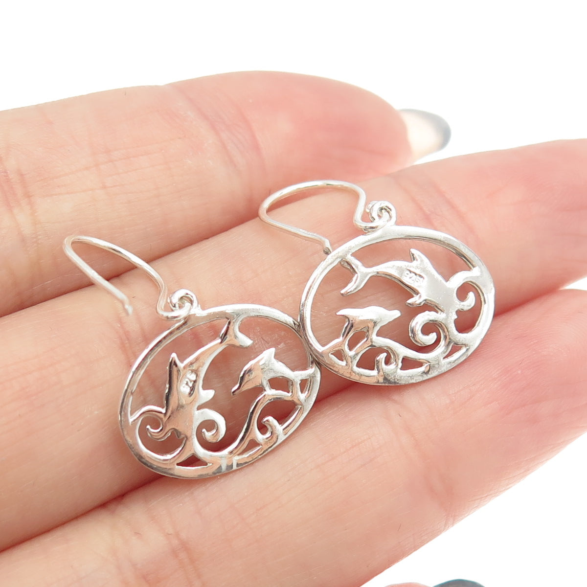 925 Sterling Silver Friendly Dolphin Dangling Earrings