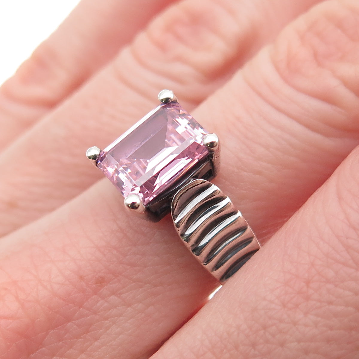 925 Sterling Silver Vintage Emerald-Cut Pink C Z Oxidized Ring Size 7