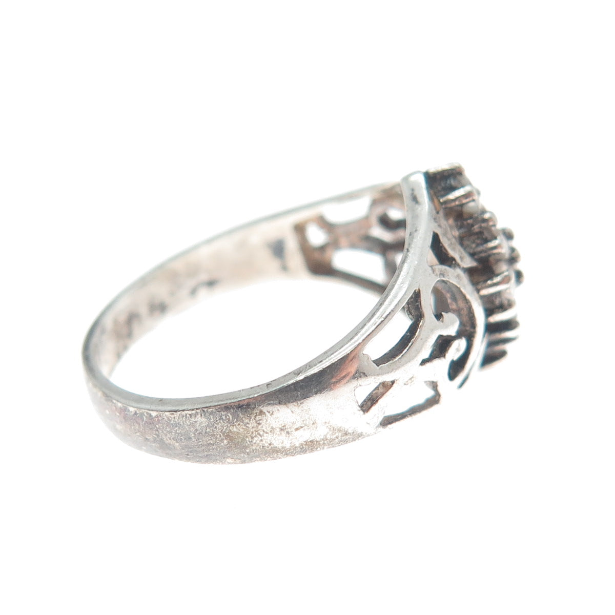 925 Sterling Silver Round-Cut Shaped C Z Ornate Oxidized Ring Size 6