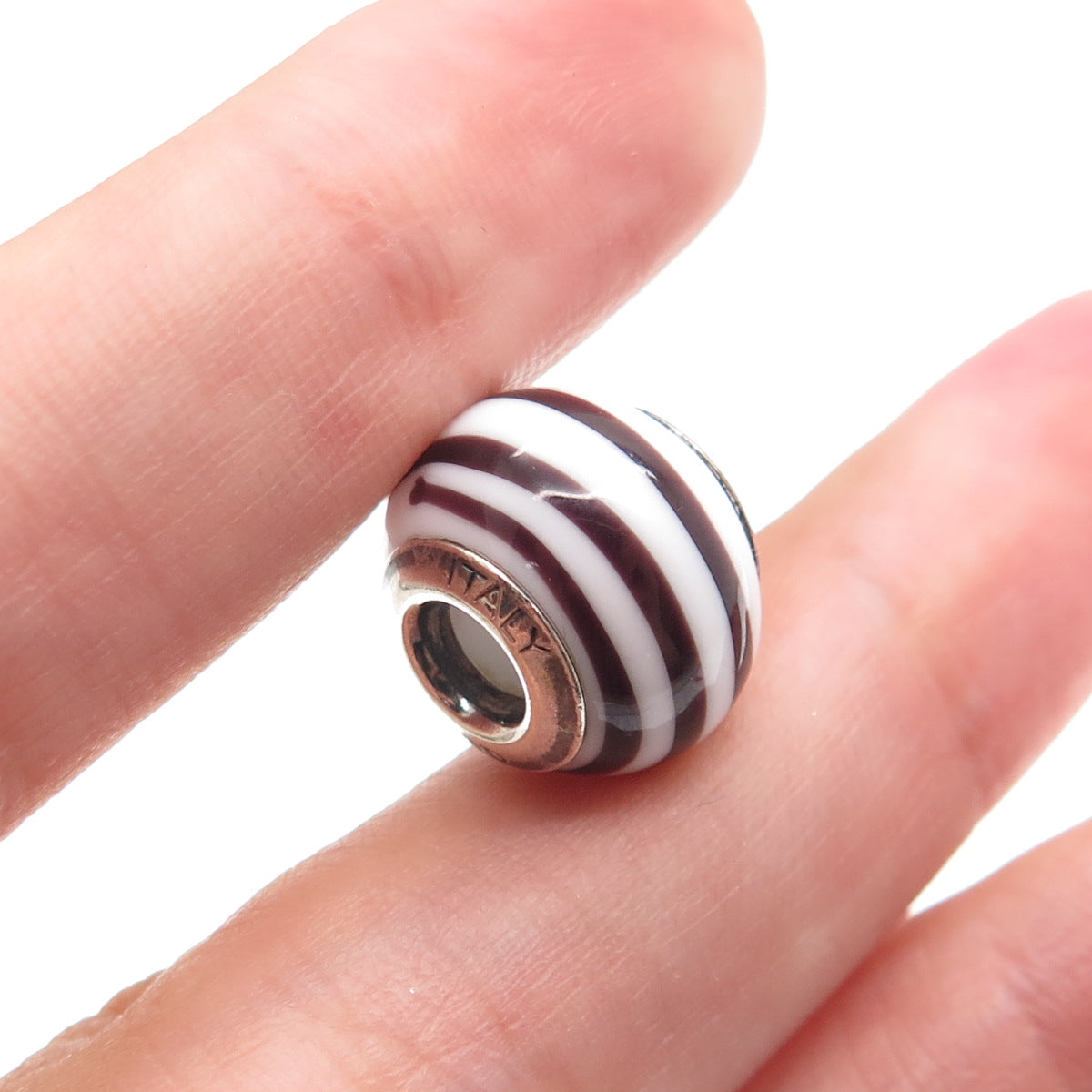 925 Sterling Silver QG Italy Chocolate & White Murano Glass Bead Charm