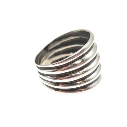 925 Sterling Silver Vintage Modernist Ribbed Oxidized Ring Size 8