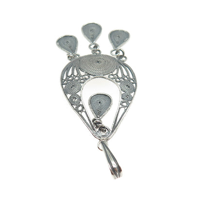 925 Sterling Silver Vintage Filigree Teardrop Shape Oxidized Dangle Pendant