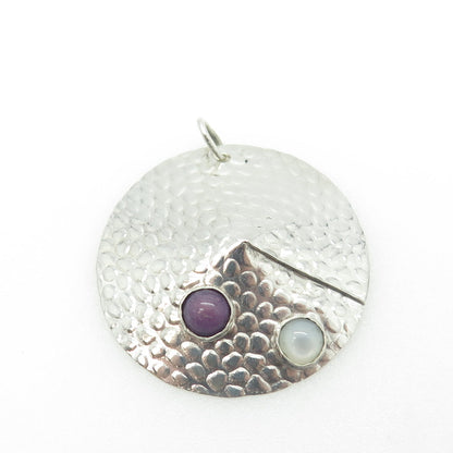 925 Sterling Silver Vintage Real Lepidolite & MOP Dragon Skin Modernist Pendant