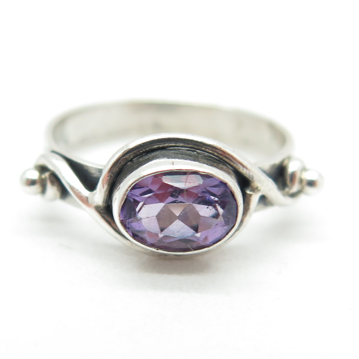 925 Sterling Silver Vintage Real Oval-Cut Amethyst Swirl Ring Size 3.75