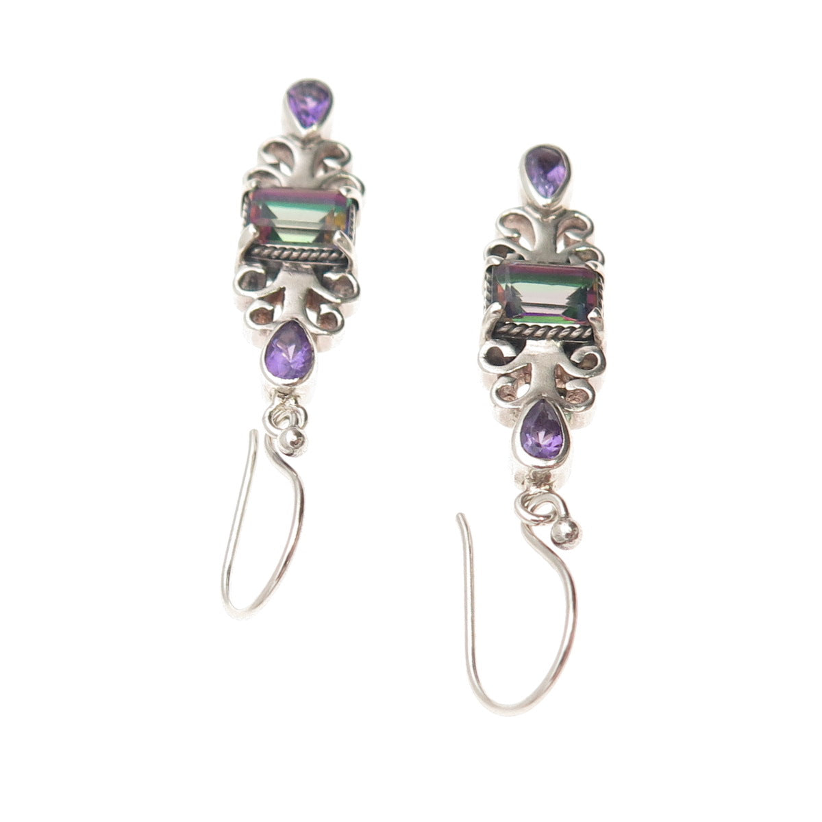925 Sterling Silver Vintage Real Amethyst Mystic Topaz Modernist Dangle Earrings