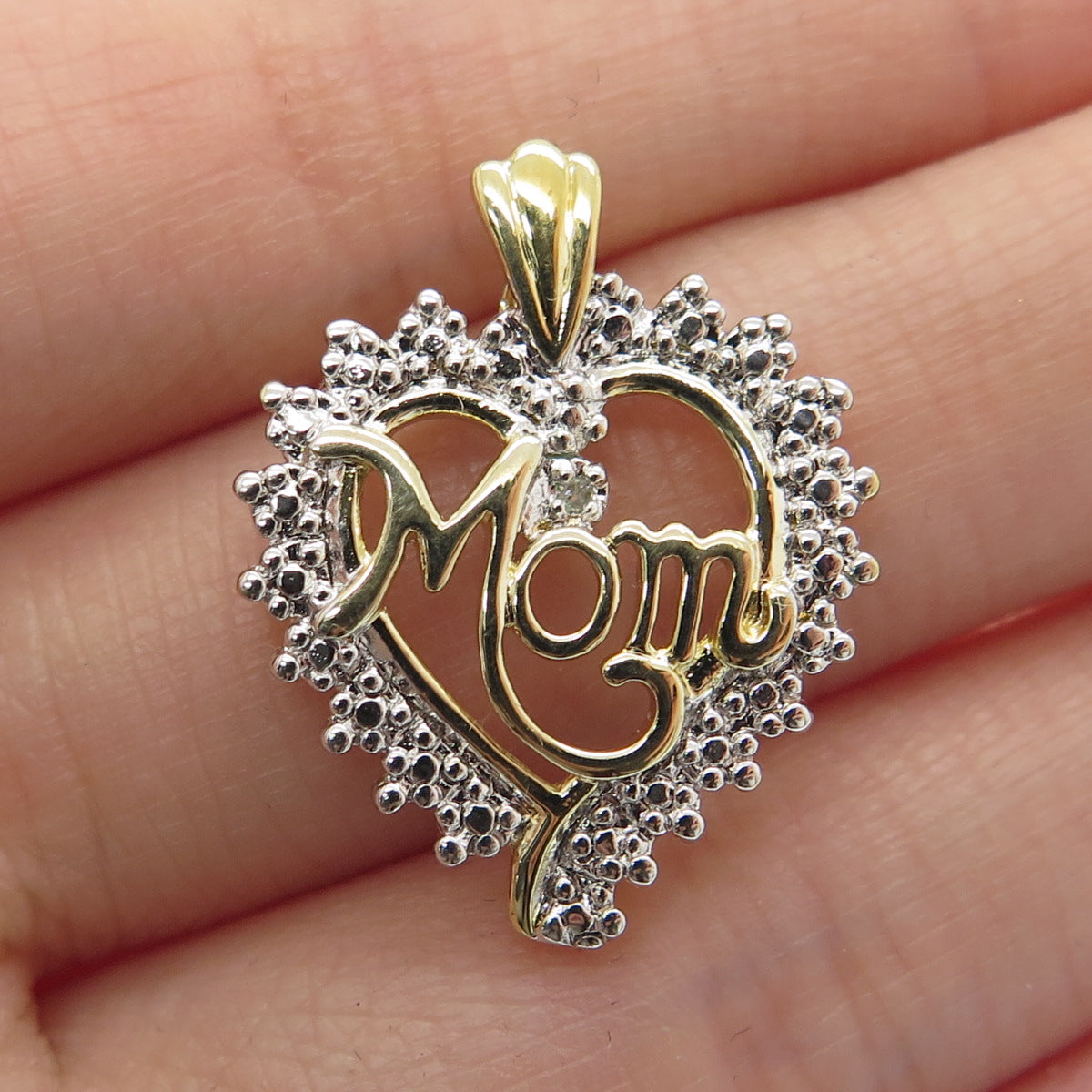 925 Sterling Silver 2-Tone Real White Diamond "Mom" Open Heart Pendant