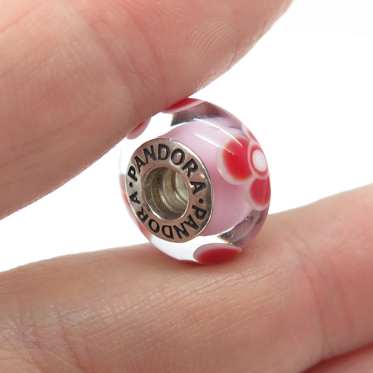 PANDORA 925 Sterling Silver Murano Glass Red Flower Bead Charm