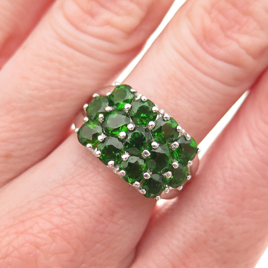 925 Sterling Silver Real Round-Cut Peridot Cluster Ring Size 7