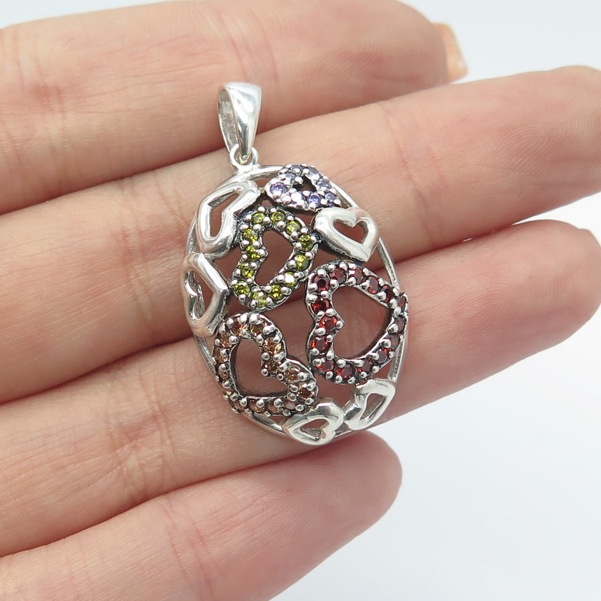 925 Sterling Silver Vintage Amethyst Peridot Garnet Citrine Gem Hearts Pendant